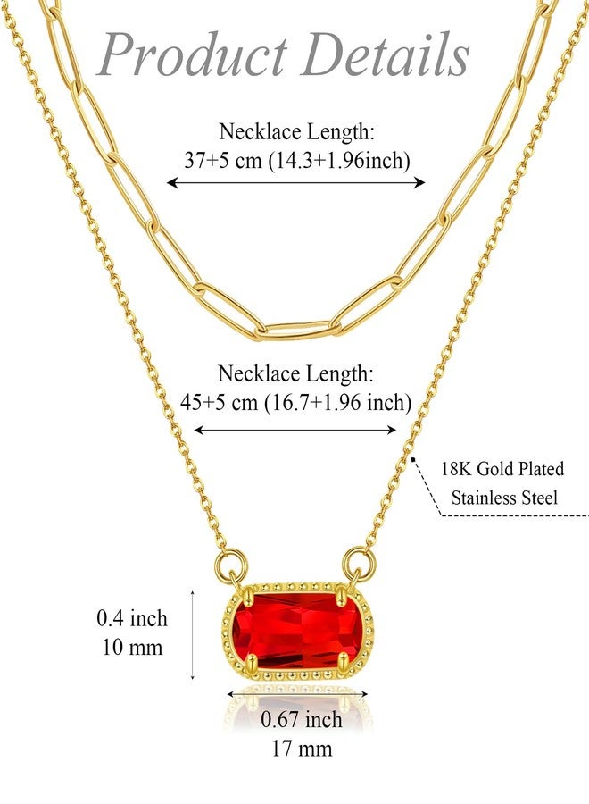 Lourny Gemstone Birthstone Pendant Layered Necklace for Women Trendy, 18K Gold Plated Paperclip Chain Preppy Choker Charm Necklace for Women Wife Jewelry (Red) - Image 5